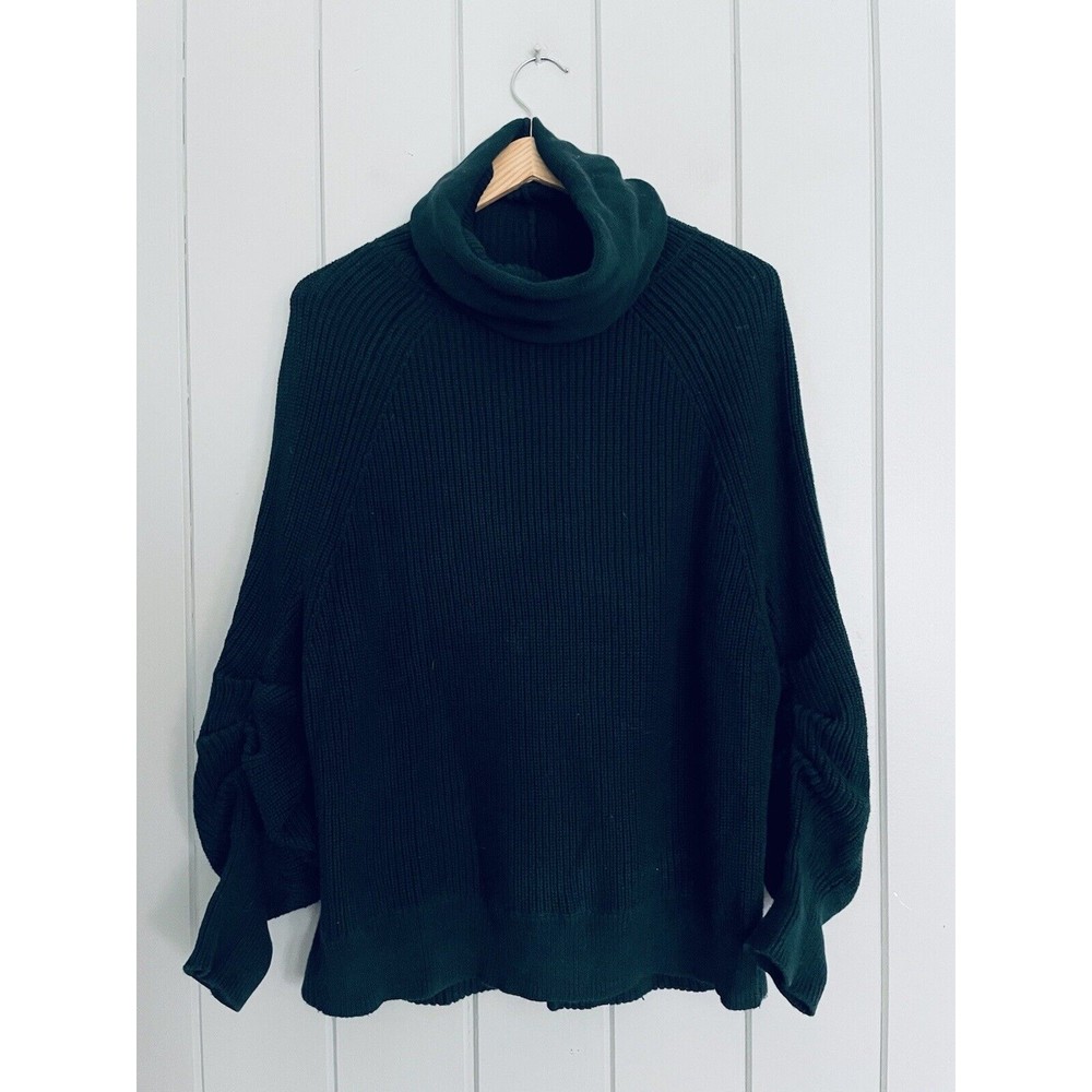 Cabi Sweater #3532 Green Ruched Sleeve Chunky Knit Cowl Neck 100% Cotton